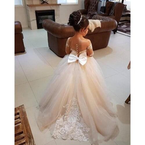 Trailing Kids Pageant Evening Gowns Lace Ball Gown Flower Girl Dresses For Weddings Baptism First Communion Dresses For Girls