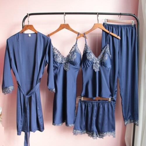 5PCS Women Robe Suit Pajamas Nighty&Satin Kimono Bathrobe Gown Nightdress Silky Lace Sleep Set Nightwear Sexy Nightgown
