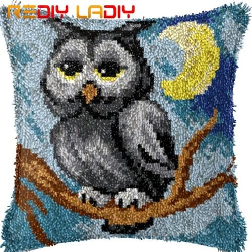 Latch Hook Cushion Kits Moon Owl Pillow Case Acrylic Yarn Pillow Pre-Printed Color Canvas Crochet Cushion Cover Hobby & Crafts
