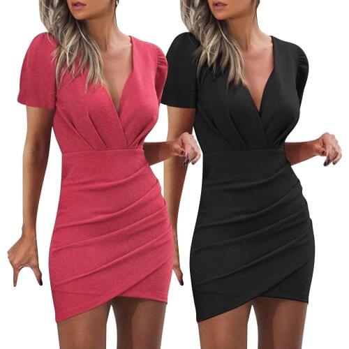 Women Summer Solid Color Pencil Dress Irregular Shrinkage Design Elegant V-Neck Short Sleeve Mid Waist Slim Hips Mini Vetidos