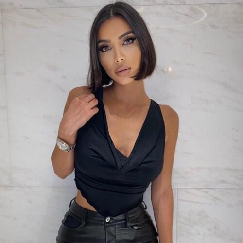 Summer Women Short Solid Push Up Crop Top Slim-Fit Casual Sleeveless Ruffled Deep V-Neck Lace Bottom Tank Top Clubwear R21TP132