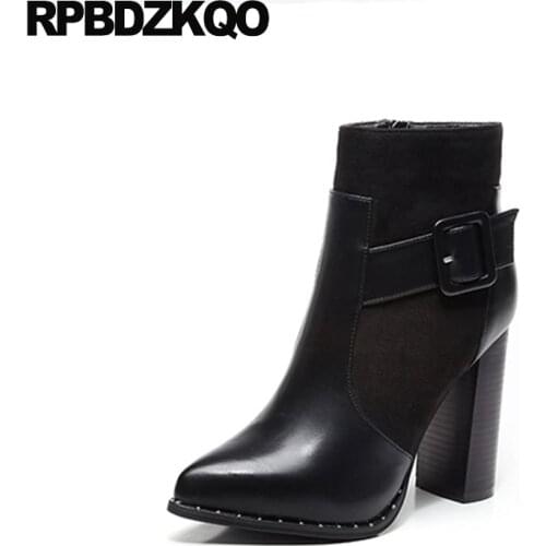 Fur Winter Stud Elevator Black Sexy Pointy Shoes Elegant Side Zip Boots Platform Rivet Chunky Size 34 Pointed Toe Waterproof