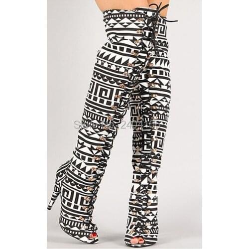 Fashion Ladies Runway Shoes Bota Feminina Black and White Mixed Colors Print Leather Peep Toe High Heels Boots Over The Knee