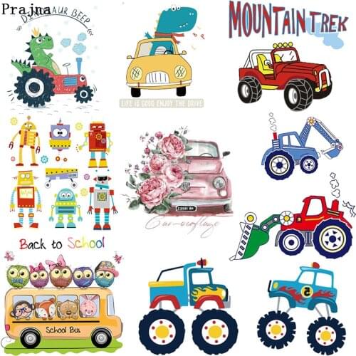 Cartoon Car Transfer Stickers For Clothing DIY Bus Vinyl Heat Transfer Printed Ironing Stickers On Jacket Garment Owl Robot