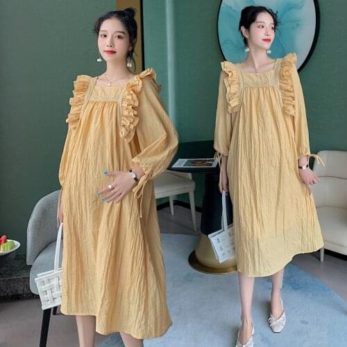 2021 Spring New Cotton Maternity Long Dress Elegant Sweet Retro A-Line Loose Dress Clothes for Pregnant Women Pregnancy Wear