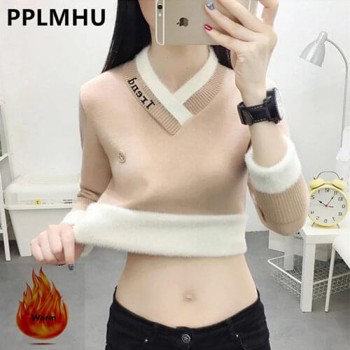 Plus thick V-Neck slim sweater women letter fashion lettter print knitted pullover 2020 winter warm patchwork skinny tops female