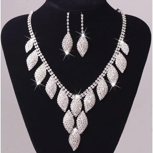 Luxury Female Crystal Leaf Jewelry Set Charm Silver Color Wedding Dangle Earrings For Women Trendy White Zircon Chain Necklace