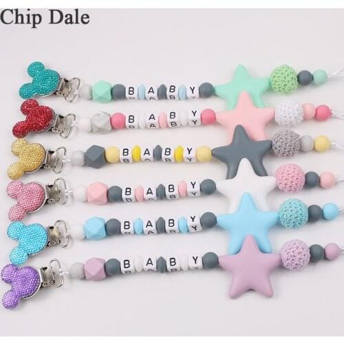 Chip Dale Baby Silicone Pacifier Clips Chain Personalised Name Nipple Pacifier Chain with Mouse Holder Baby Shower Gifts