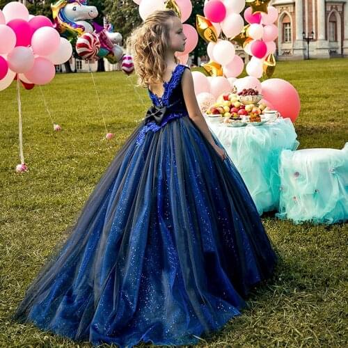 Blue Girls Dresses Shinny Girl Party Dresses Dark Blue Evening Dresses Girls Pageant Dresses
