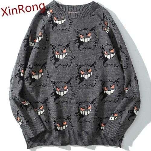 Harajuku Japanese cartoon devil sweater pullover O-neck loose long-sleeved fashion casual couple tide wild sweater street style