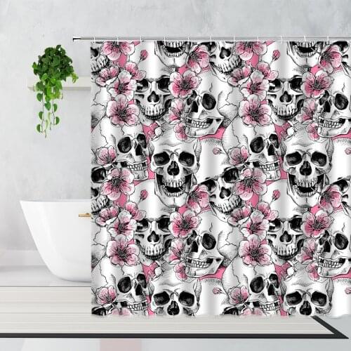 Sugar Bone Shower Curtain Pink Flower Skull Girl Decor Background Waterproof Bath Curtains Fabric Washable Halloween Decoration