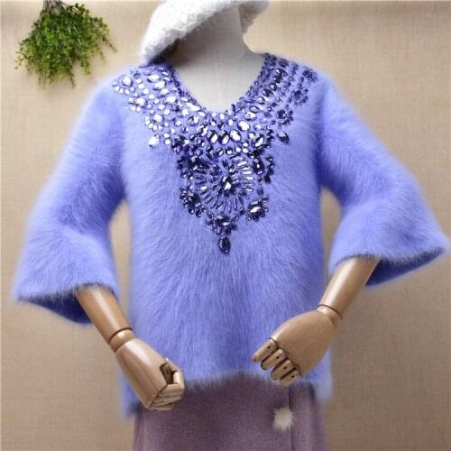 Ladies women fashion beading mink cashmere knitted half sleeves slim blouses pullover angora rabbit hair jumper sweater pull top