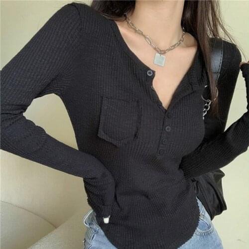 Spring And Autumn Womens Slim T-shirt Tops Fashion Sexy V-neck T-shirt Simple Hot Girl Tops 2021 New Pure Color Womens Tops