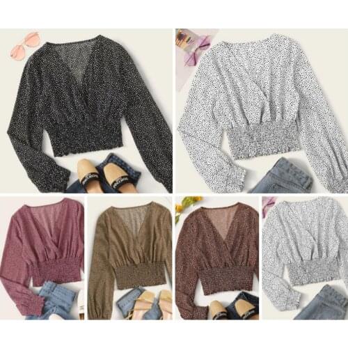 Autumn womens new wave dot top long sleeve waist T-shirt