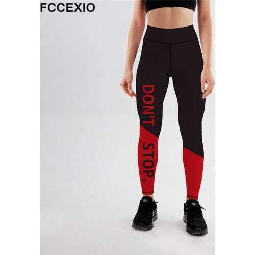 FCCEXIO DONOT STOP Red Letter Print Women Black Leggings Casual Fitness Ladies Workout High Waist Long Leggings Trousers