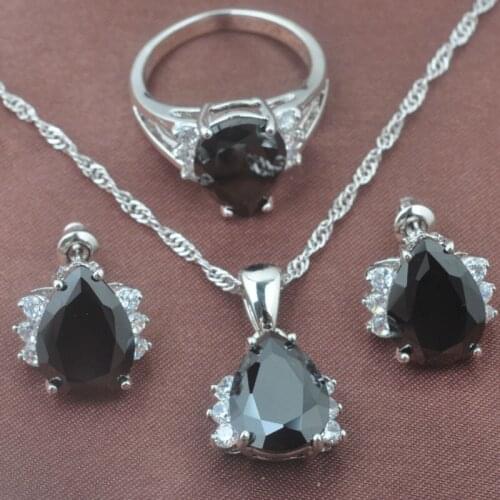 Womens Black Stone Water Zirconia Silver Color Jewelry Sets Necklace Pendant Earrings Rings Free Shipping TZ0258