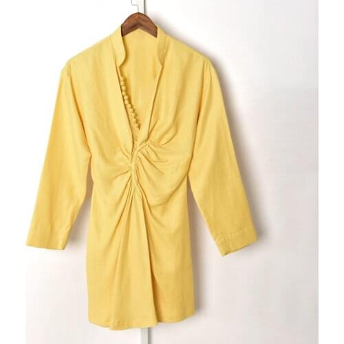 2021 Autumn Women V-Neck Shirring Mini Dress Ladies Long Sleeve Simple Casual Short Dresses Robe White or Yellow