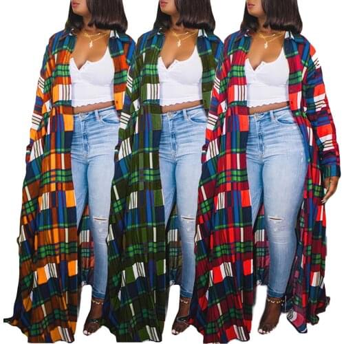 2021 Spring Women Color Plaid Printing Ankle-Length Coats Plus Size Turn-down Collar Single-Breasted Loose Jackets New Arrivals