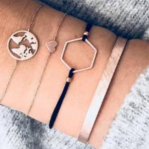 4 Pcs/set Vintage World Map Heart Bracelets Set for Women Gold Alloy Link Chain Cuff Bangle Boho Jewelry Gifts