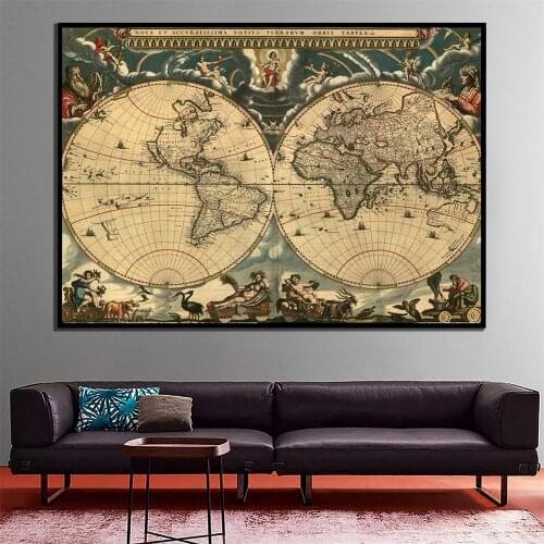 A2 Size Retro World Map Fine Canvas Wall Map Printed Unframed Painting For Office School Wall Decoration