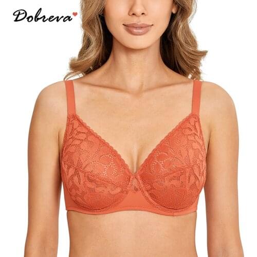 DOBREVA Womens Full Coverge Unlined Lace Bra Plus Size Underwire Minimizer Bralette