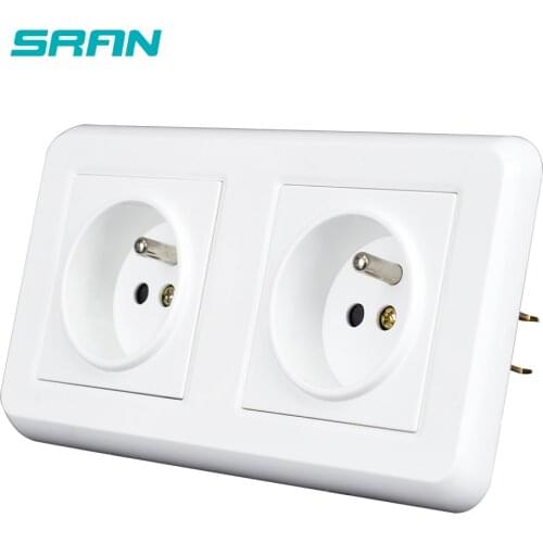 SRAN dual frame power socket france,16A 250V white New PC panel 151mm*82mm with iron plate and Iron claw wall socket eu