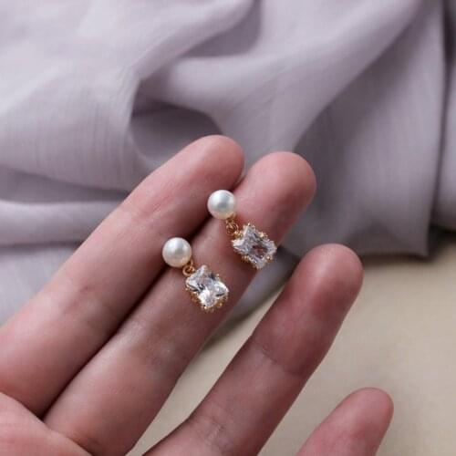 14K Gold Natural Freshwater Pearl Shiny Zircon Retro Square Elegant Chaming Luxury Wedding Earrings Jewelry for Women Gift New