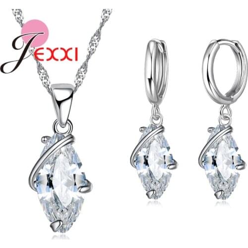 Clear White Crystal Necklace Pendent Earring Set For Women 925 Sterling Silver For Lady Women Elegance Wedding Setv