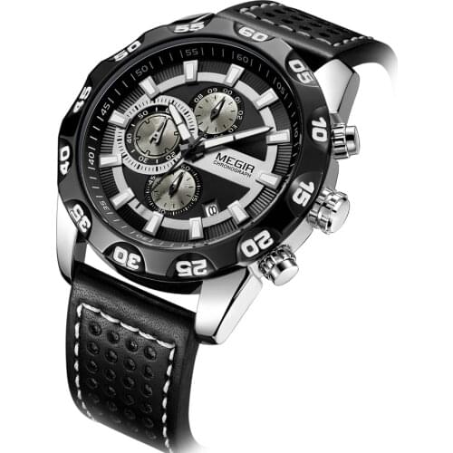 Megir New Mens Watches Brand Luxury Sport Mens Watch Quartz Leather Strap WristWatch Waterproof relogio masculino Chronograph