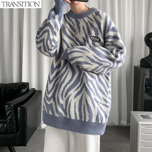 21/Winter Mens new loose casual round neck zebra pattern pullover sweater