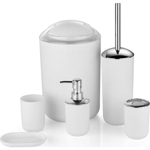6-piece bathroom accessory set with a variety of color options. plastic
