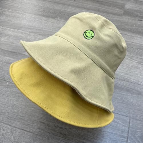 2021 New Fisherman Hat Summer Embroidered Smiley Face Basin Wide-Brimmed Version Outdoor Women Sunshade Hat Leisure Sunscreen
