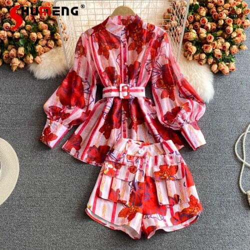 2021 Summer New Light Vintage Printed Stand Collar Shirt High Waist Wide Leg Shorts Two-Piece Set Professional