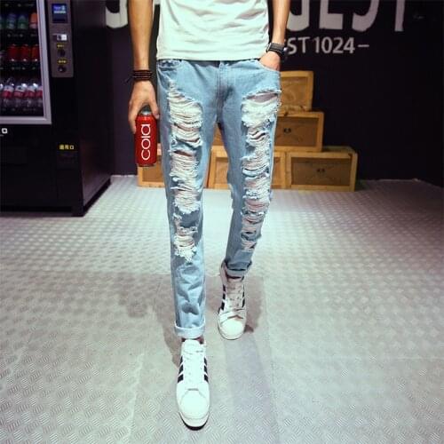 New mens jeans brand destroyed hole jeans straight mens robin jeans slim frayed denim true harem jeans for men