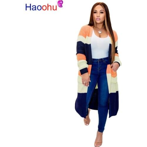 Rainbow Stripes Autumn Jacket Women Fashion Long Sleeve Open Stitch Slim X-Long Coat 2019 Winter Causal Plus Size Coats Outwear