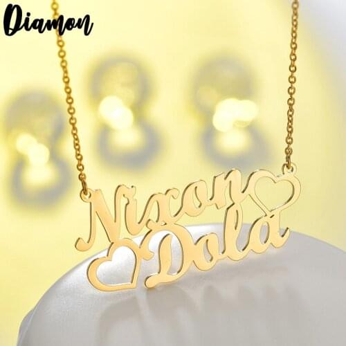 Diamon New Heart with Personalized Double Names Necklaces for Women Nameplate Jewelry Stainless Steel Custom Letter Necklace