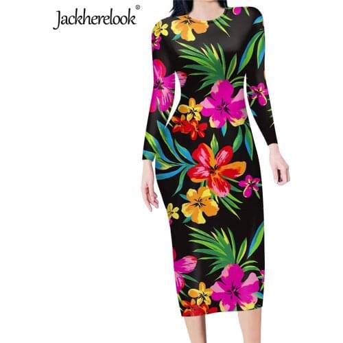 Jackherelook Tropical Hawaiian Hibiscus Printing Office Ladies Stretchy Work Party Pencil Dress Long Sleeve Bodycon Slim Dresses