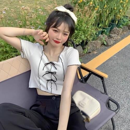 Casual Solid Knitted T-Shirt Womens Round Neck Bow Sweet Tops Summer Slim Short Sleeve Tee Shirt