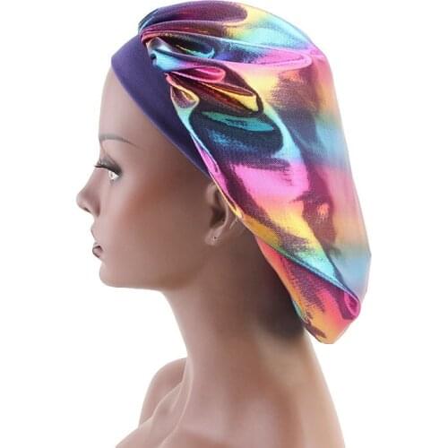Colorful Laser Bonnet Women SilkyTurban Hat Women Satin Headwear Sleeping Bandana Pastoral Hat Headwear for Chemo Headband