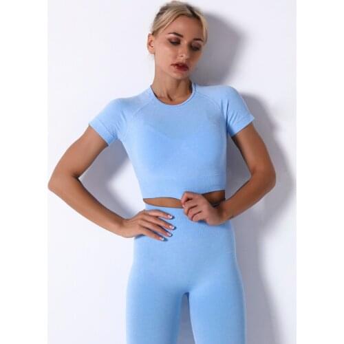 2021 New Summer Seamless Yoga T-shirt For Women Solid Color Tee Shirt Sportswear Tank Tops Jogging Cycling Fitness Sports Sleeve