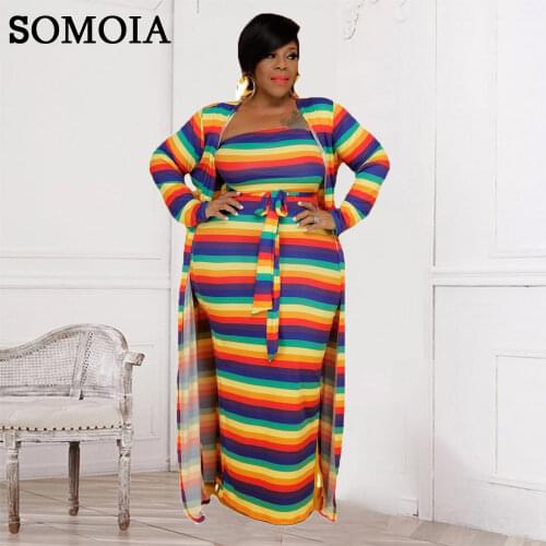Plus Size Women Clothing Lounge Casual Two Piece Set Long Cloak and Wrapped Chest Dress High Stretchy Rainbow Striped Sets