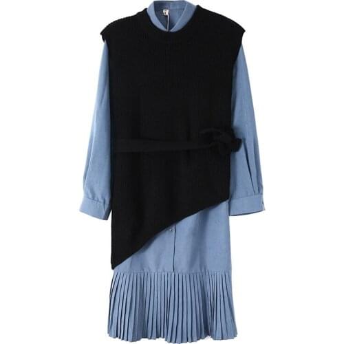 PERHAPS U Women Causal 2 Piece Set Vest Turn Down Collar Long Sleeve Irregular Asymmetrical Pleated Long Dress Shirt Skirt T3068