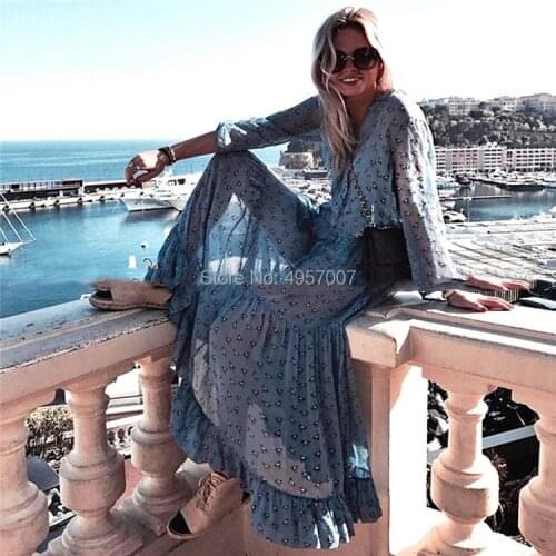 Top Quality Viscose Blue Horse Printing Long Dress With Button Closured - 2019 Summer Women Print Casual Dress