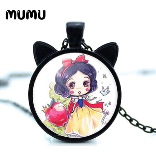 2021 New Princess Cat Ear Necklace Ariel Snow White Belle Glass Dome Pendant Round Photo Jewelry Gifts Girl