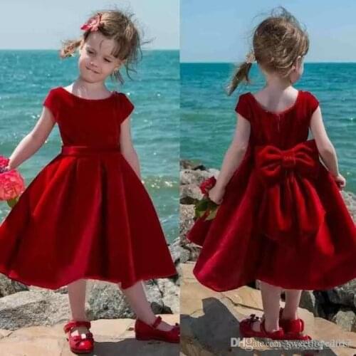 2021Tea-Length Cute Red Flower Girl Dress Baby Girl Pageant Dresses for Toddler Kids Party Dress Short Communion Gowns With Big