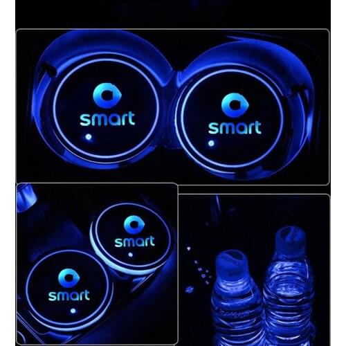 2X Led Car Logo Cup Lights Colorful Luminous Water Coaster Atmosphere Light For Smart 451 453 Fortwo Forfour Auto Accessories