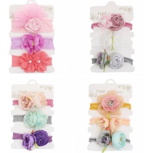3pcs/lot Boutique Pearls Flowers Headband Newborn Infant Elastic Nylon Hairband Children Handmade Floral Headwear Girls Gifts