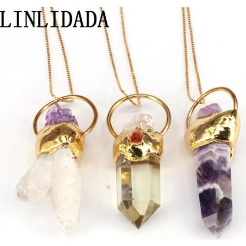 3Pcs, white cluster quartz point/Faceted Natural Purple Stone/Yellow Quartz Stone Pendant Necklace
