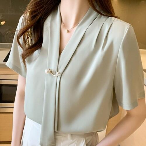 Blouses Top Femme Short Sleeve Chiffon Blouse Shirt Blouse Women Blusas Mujer De Moda 2021 Verano V-Neck Blouse Tops Women E842