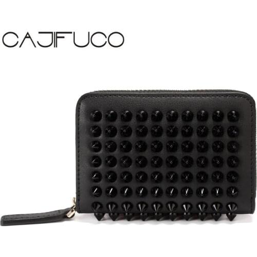 CAJIFUCO 2020 Red Love Zipper Credit Card Holder Japanese Style Rivet Card Wallet Genuine Leather Studded Coin Purse Spikes